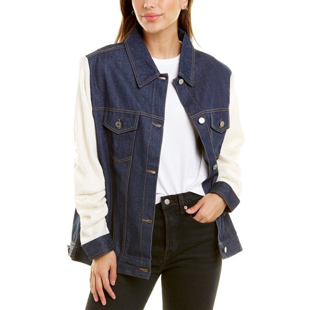 WeWoreWhat Oversized Cable Knit Sleeve Denim Jacket in Blue/ Cream Size M/L